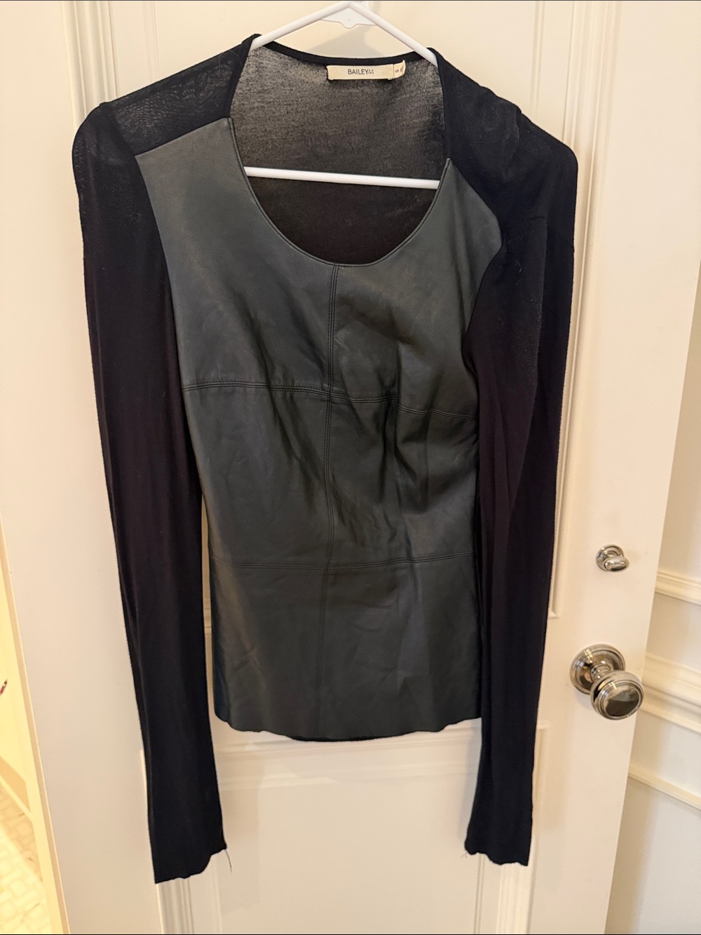 BAILEY 44 Black Long-Sleeve faux Leather-Front Top small
